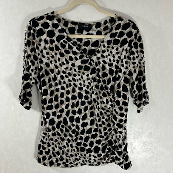 Style & Co. Tops - Style & Co. Cream and Black Animal Print Fitted Ruched Blouse